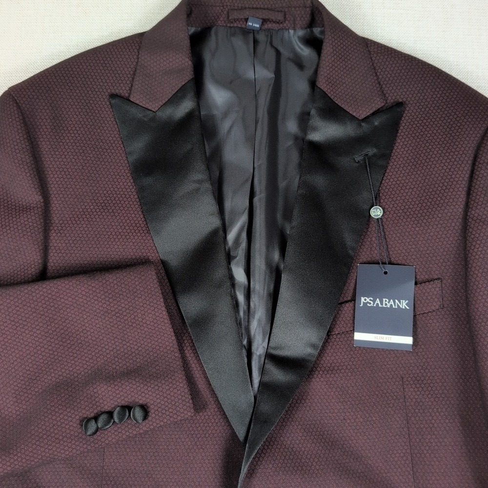 Jos A Bank Slim Fit Dinner Jacket / Blazer Men's 44L Burgundy Birdseye Weave NWT